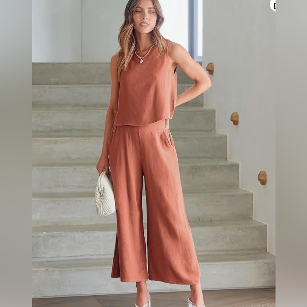 Anrabess Linen Blend Crop Top & Pants Set